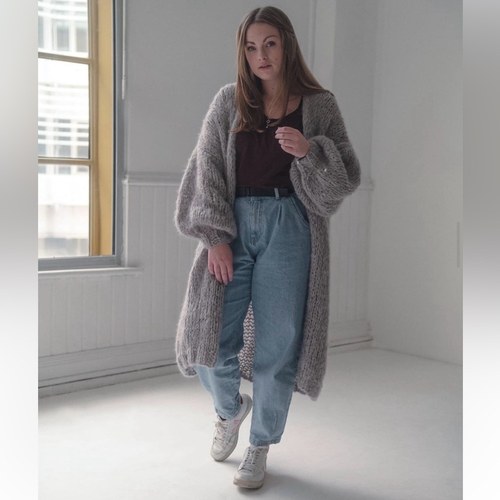 “Purl Studio,” Hand Knit, Soft Grey Ivy Mohair Duster w Pockets